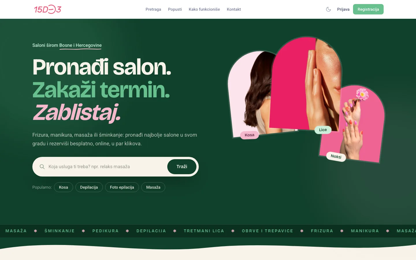 15do3 home page on a deep green ground: a search field for salon services beside photographs of hair, face and nail treatments