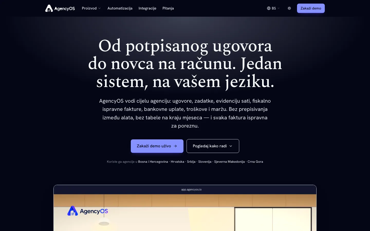 AgencyOS landing page on a near-black ground with a serif headline and a framed view of the application below