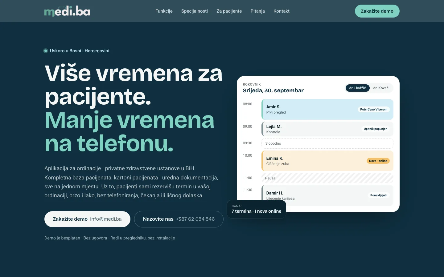Medi landing page on a dark teal ground beside a day planner listing patient appointments