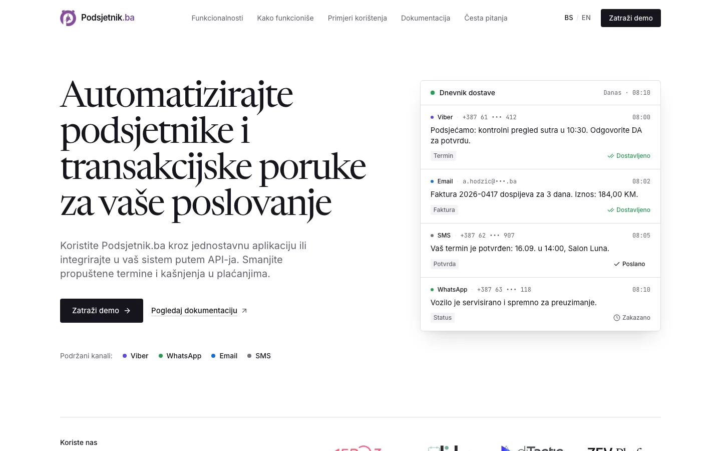 Podsjetnik.ba landing page beside a delivery log of Viber, e-mail, SMS and WhatsApp messages