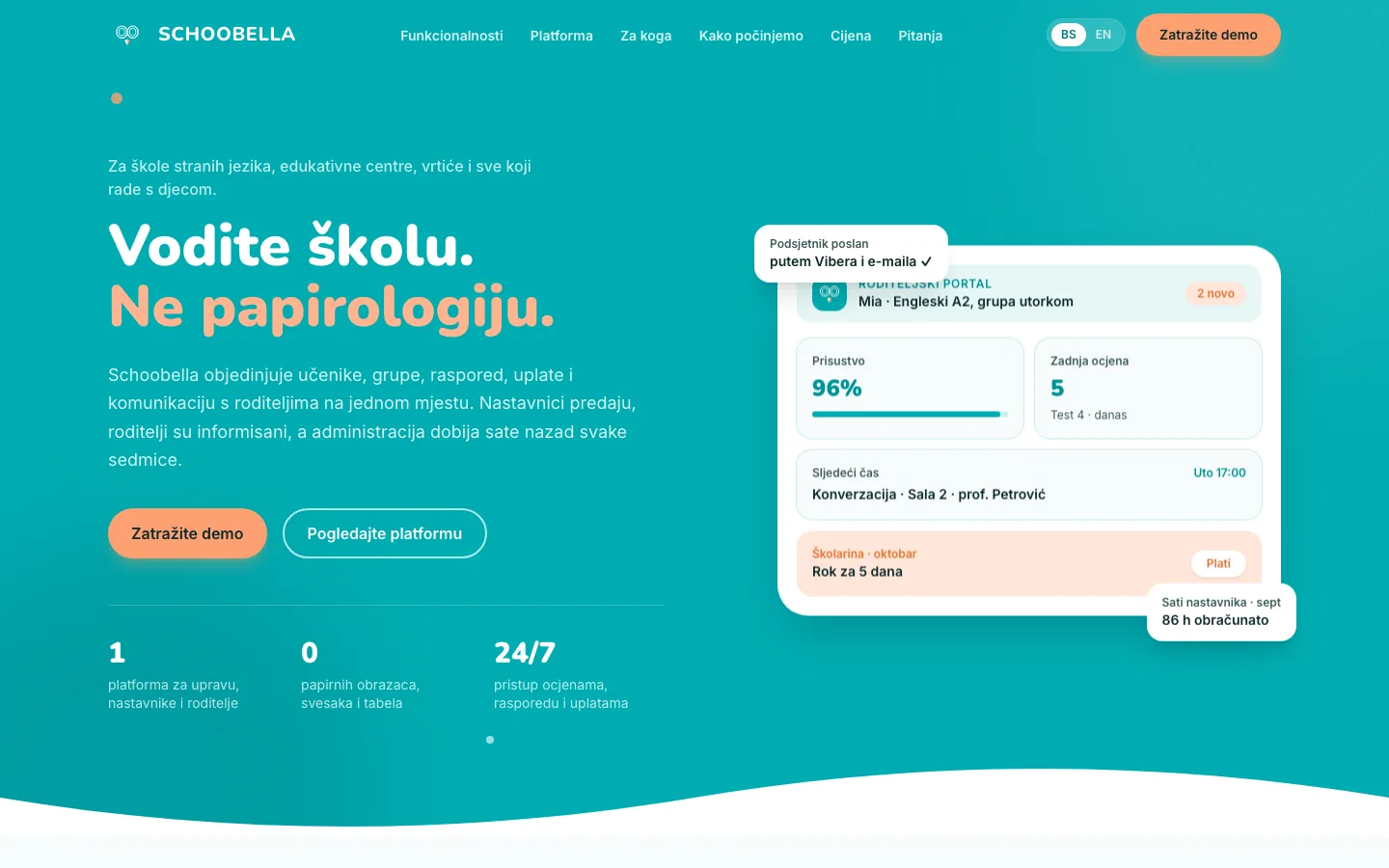 Schoobella landing page on a turquoise ground beside a parent portal showing attendance, grades and tuition