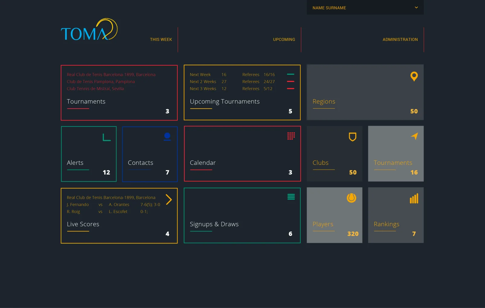 TOMA administration dashboard on a dark ground: tiles for this week's tournaments, upcoming tournaments, alerts, calendar, live scores, sign-ups and draws, clubs, players and rankings
