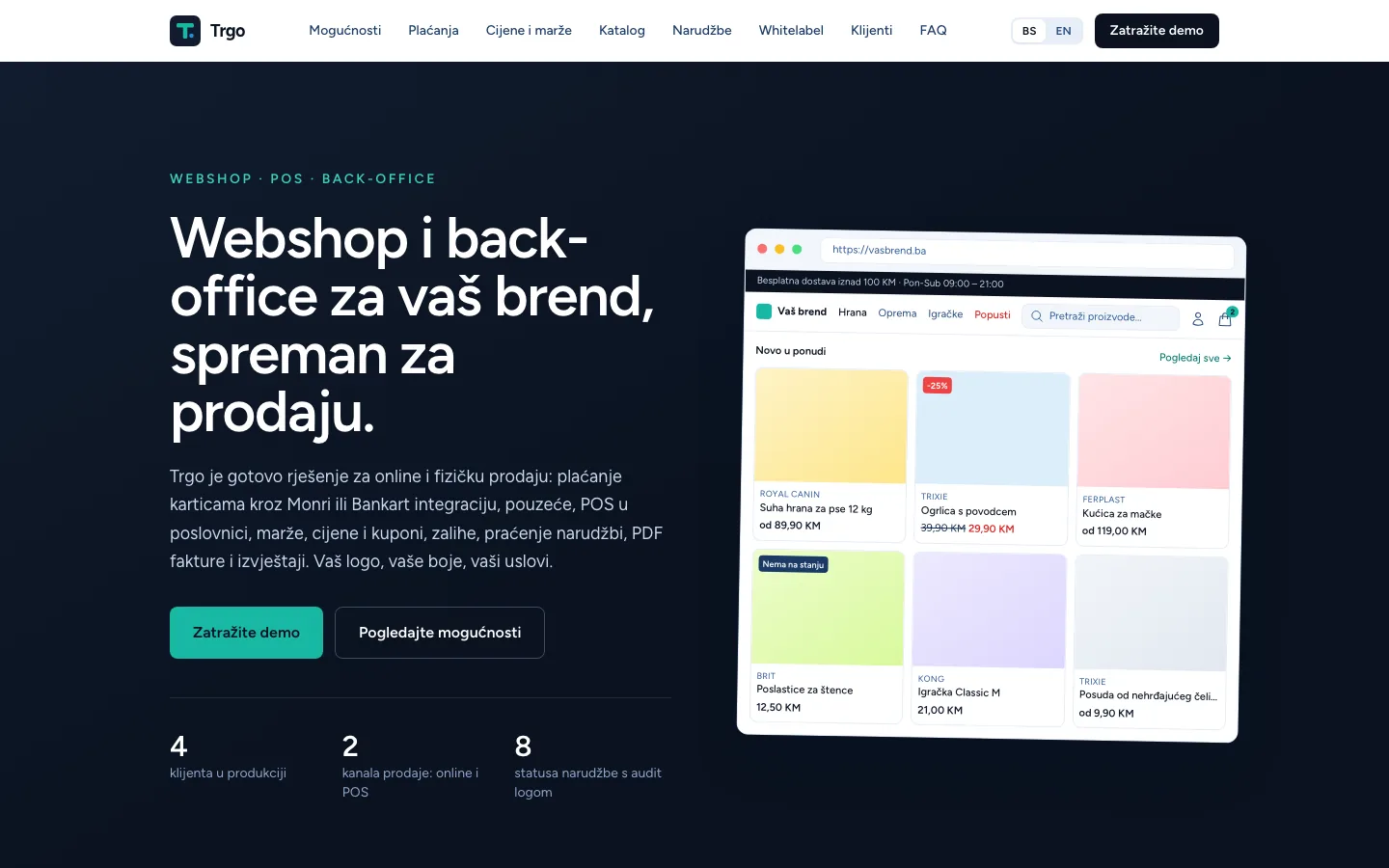 Trgo landing page on a dark ground beside a branded webshop showing a product catalogue