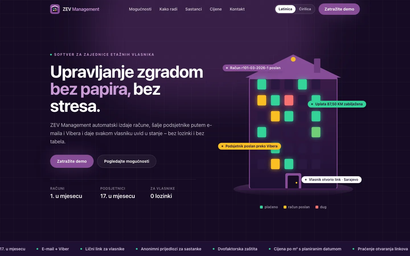 ZEV Management landing page on a violet ground with a drawing of an apartment building whose windows show payment status